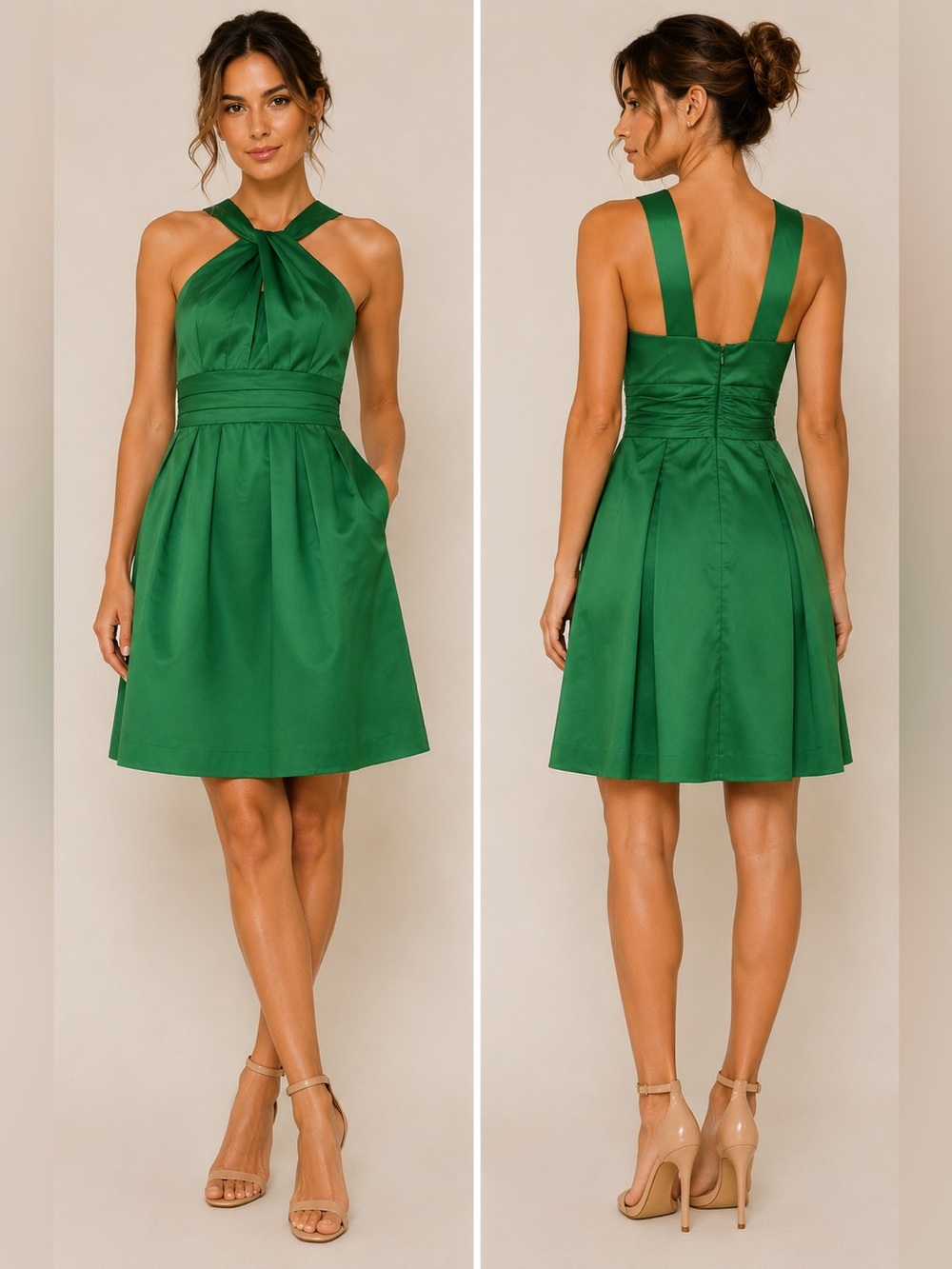 David’s Bridal Emerald Green Halter Fit & Flare Dress Size 4 - Picture 2 of 5